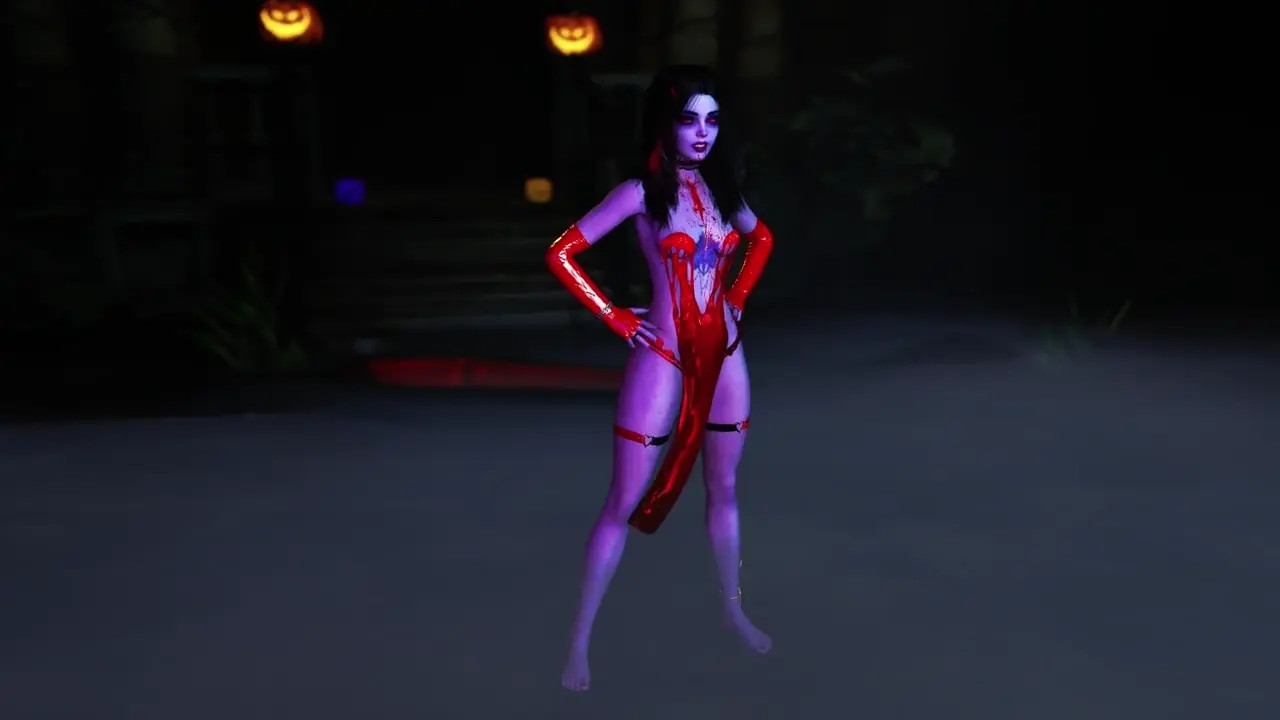 Young vampire girl in red dress beckons her prey with dance and sexy body