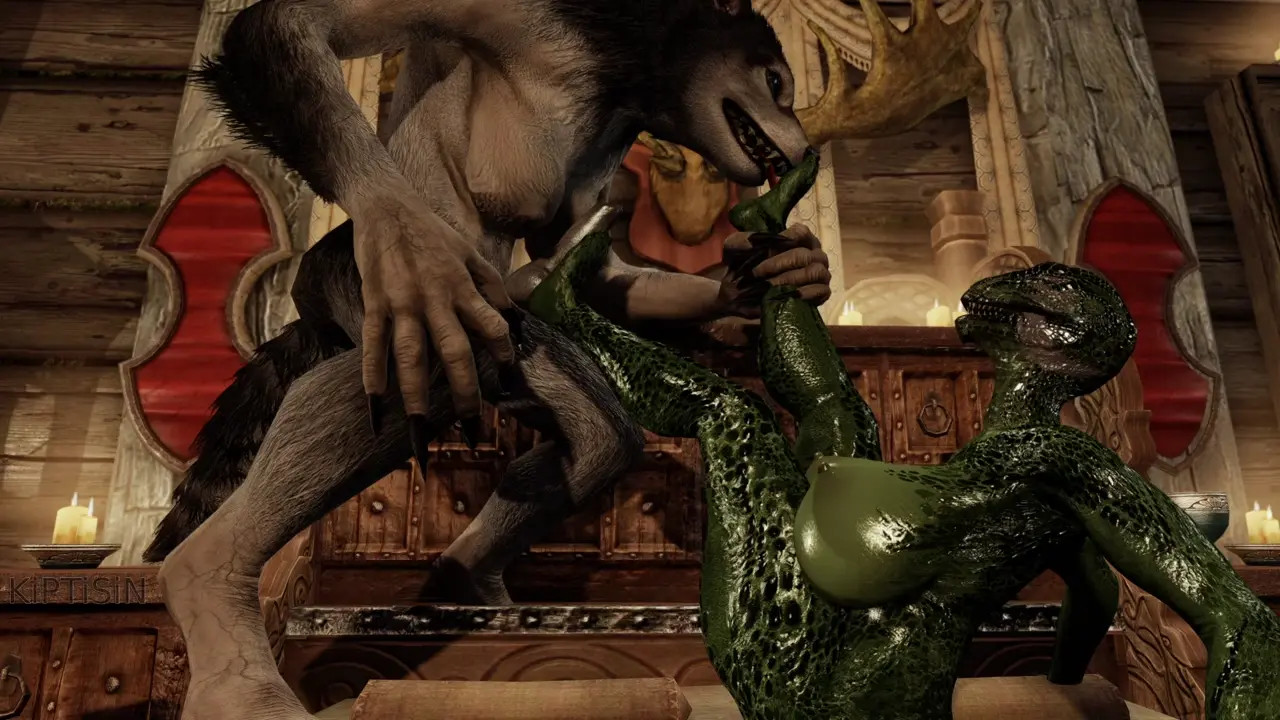 Argonian Satisfies Futa Werewolf Cock With Feet