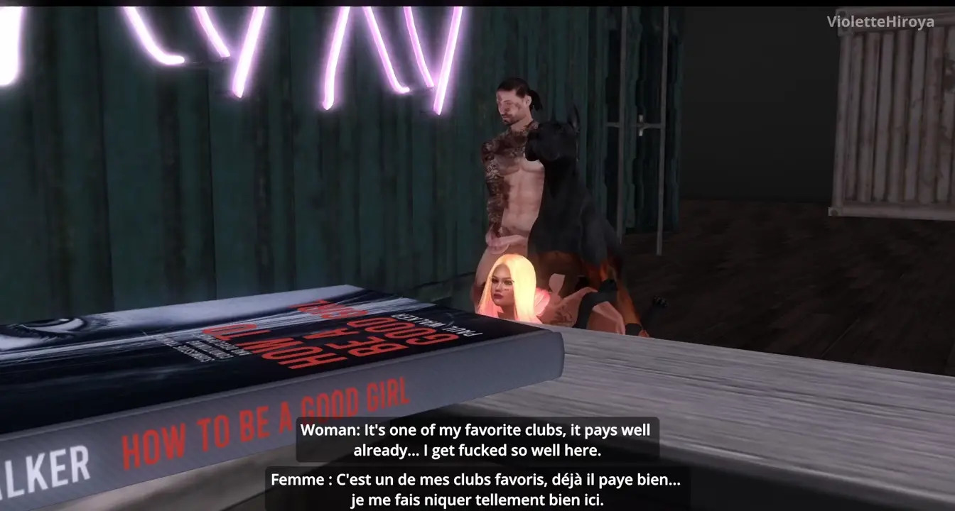 A whore has fun with several dogs in front of a crowd of spectators