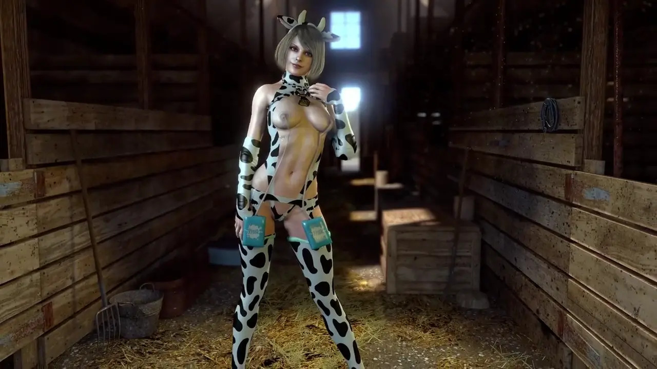 Mature naughty Ashley Graham milked in cow outfit while dancing in farm