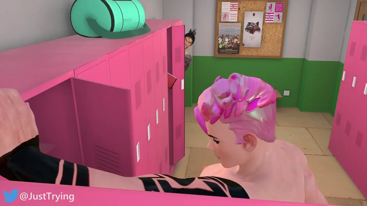Naked Hanzo spies on naked Zarya in the locker room