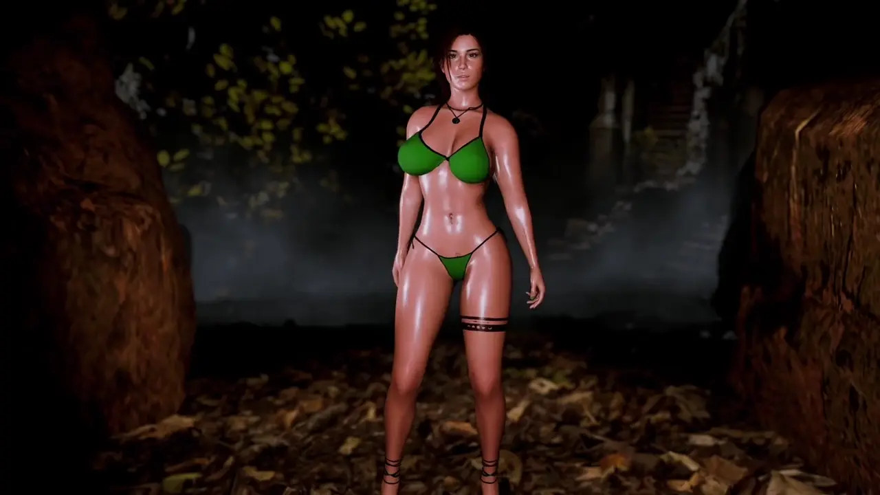 Oiled milf Lara Croft solo sexy dancing in a revealing bikini in forest