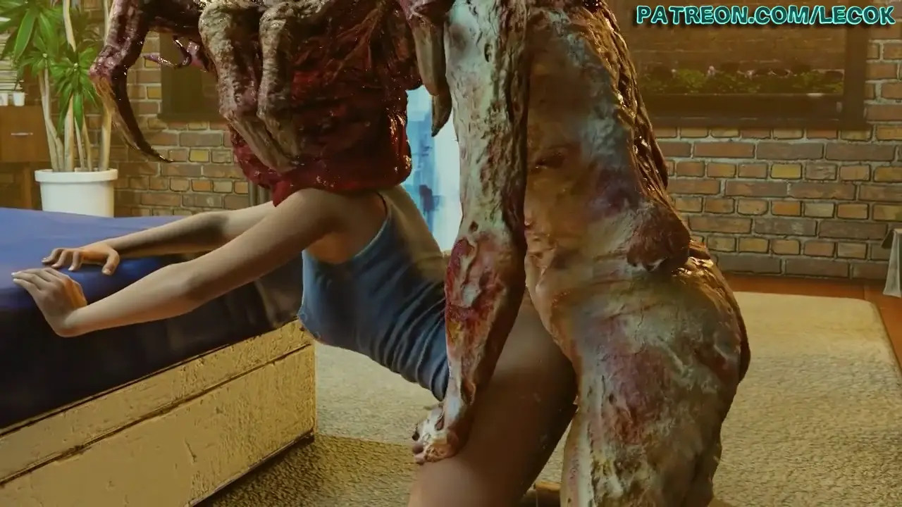Jill Valentine captured by an altered palehead zombie in her apartment