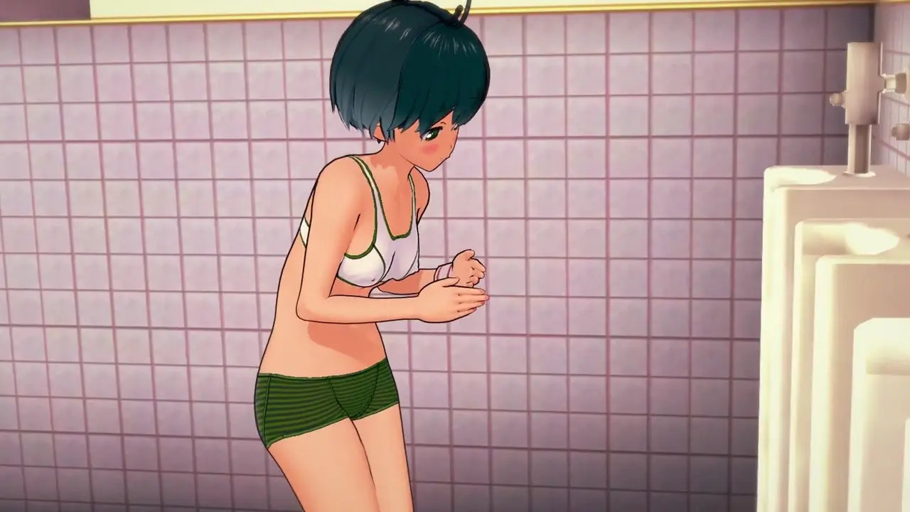 Almost naked girl pissing in men's bathroom