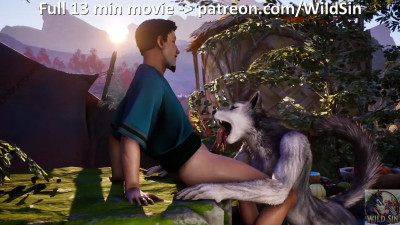 Werewolf Girl sensually fucks with Man at sunset in a pond
