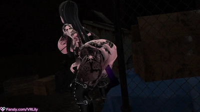 Goth mommy rides dildo in alley way