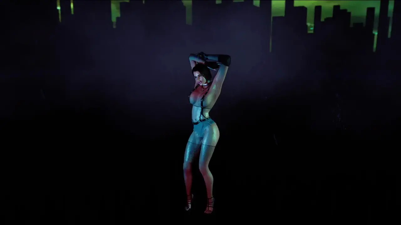 Toned wanton Jill Valentine in slutty outfit dancing against acidic sky