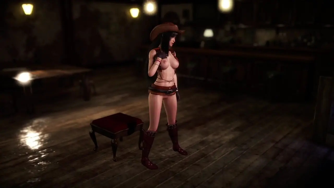 Shameless beauty Tifa Lockhart in cowgirl outfit dancing in Seventh Heaven