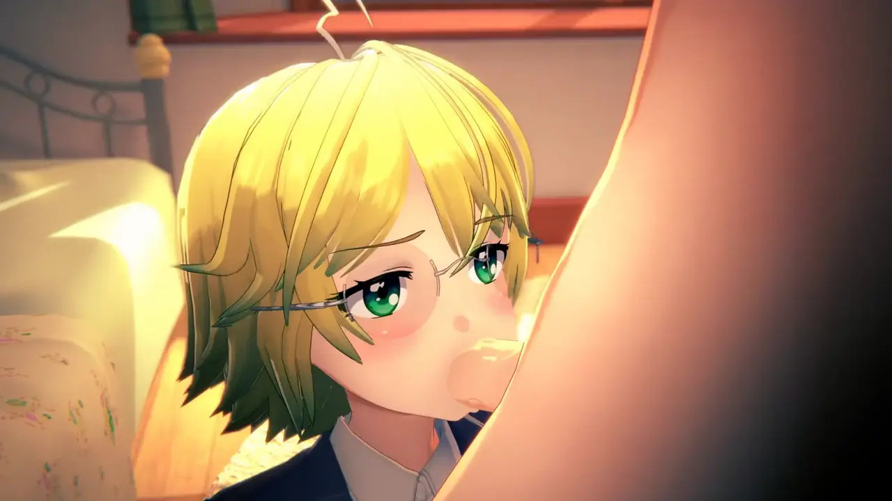 Blondie deepthroating in her bedroom