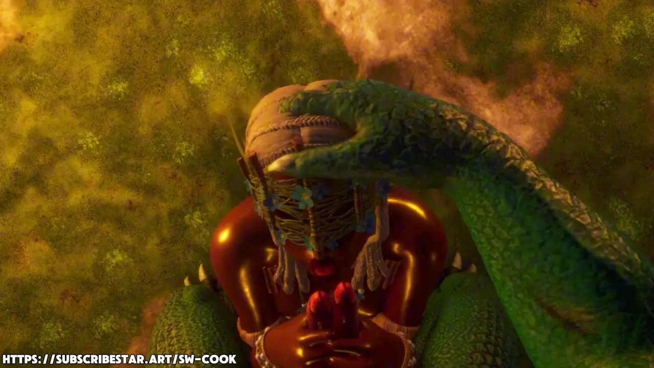 Tribal Girl Takes Reptilian Monster's Two Cocks and Gets Double Creampie
