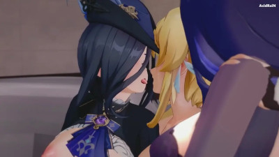 Raiden & Clorinde x Lumine Futa threesome (Genshin impact)
