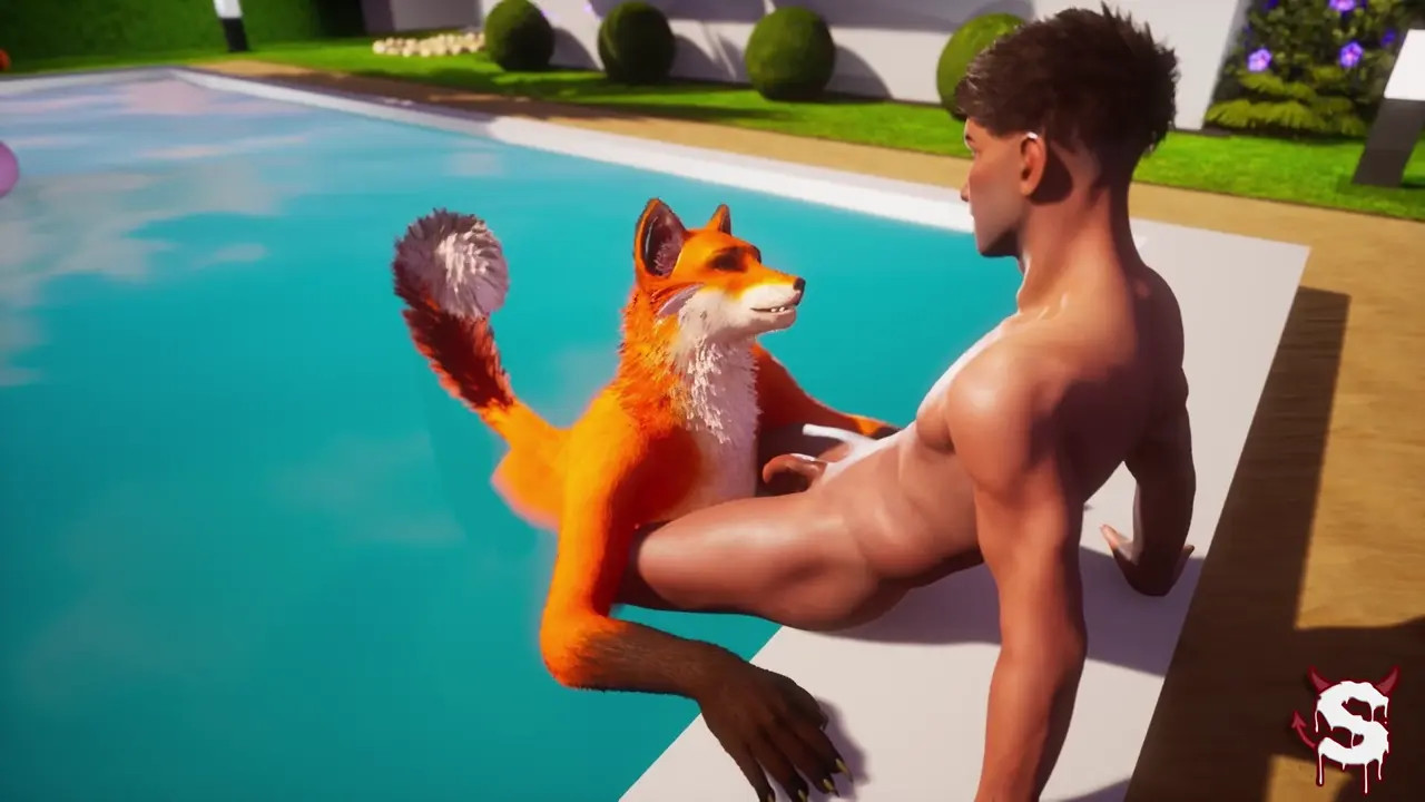Furry slut fucks lucky guy in the pool until he cums on her face