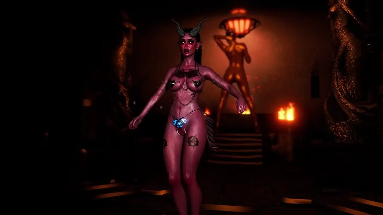 Skinny untamed succubus tempts you with erotic belly dance in the dungeon