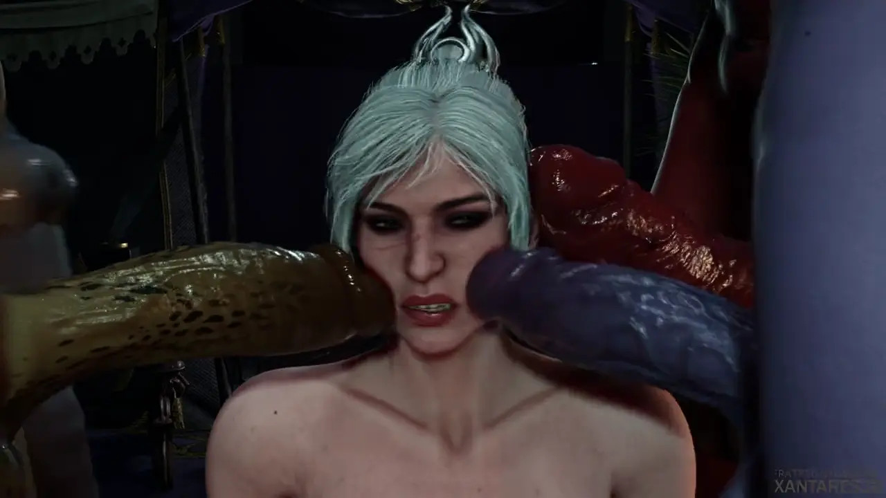 Shadowheart surrounded by four dicks