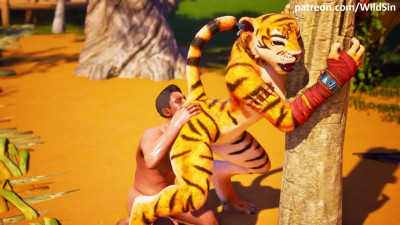 A leopard furry girl fucks a lucky man outdoors