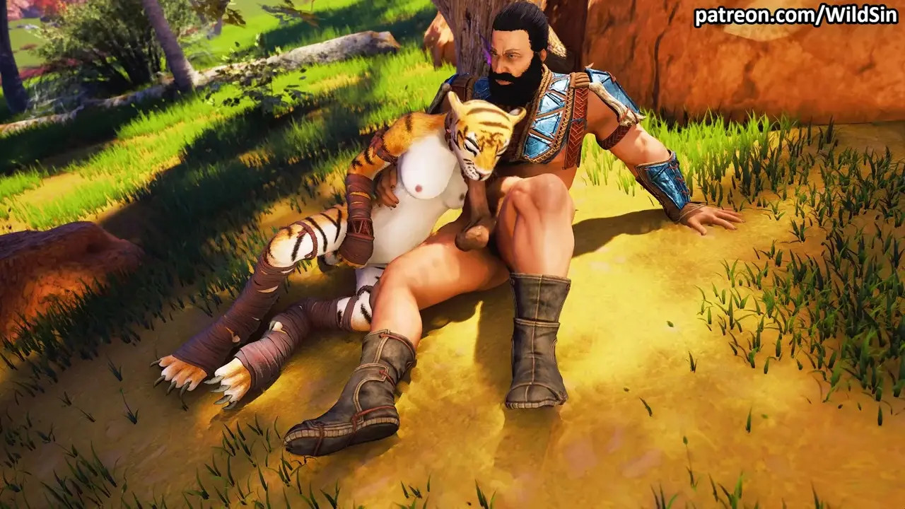 A Warrior makes passionate love to a Furry Tigress near the village