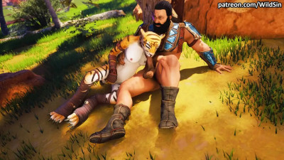 A Warrior makes passionate love to a Furry Tigress near the village