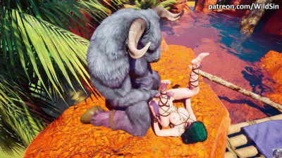 Minotaur monster with huge cock fucks cute girl in oasis