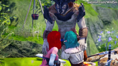 Threesome with a Lizardman with two dicks, Warrior Princes and Elf have double fuck