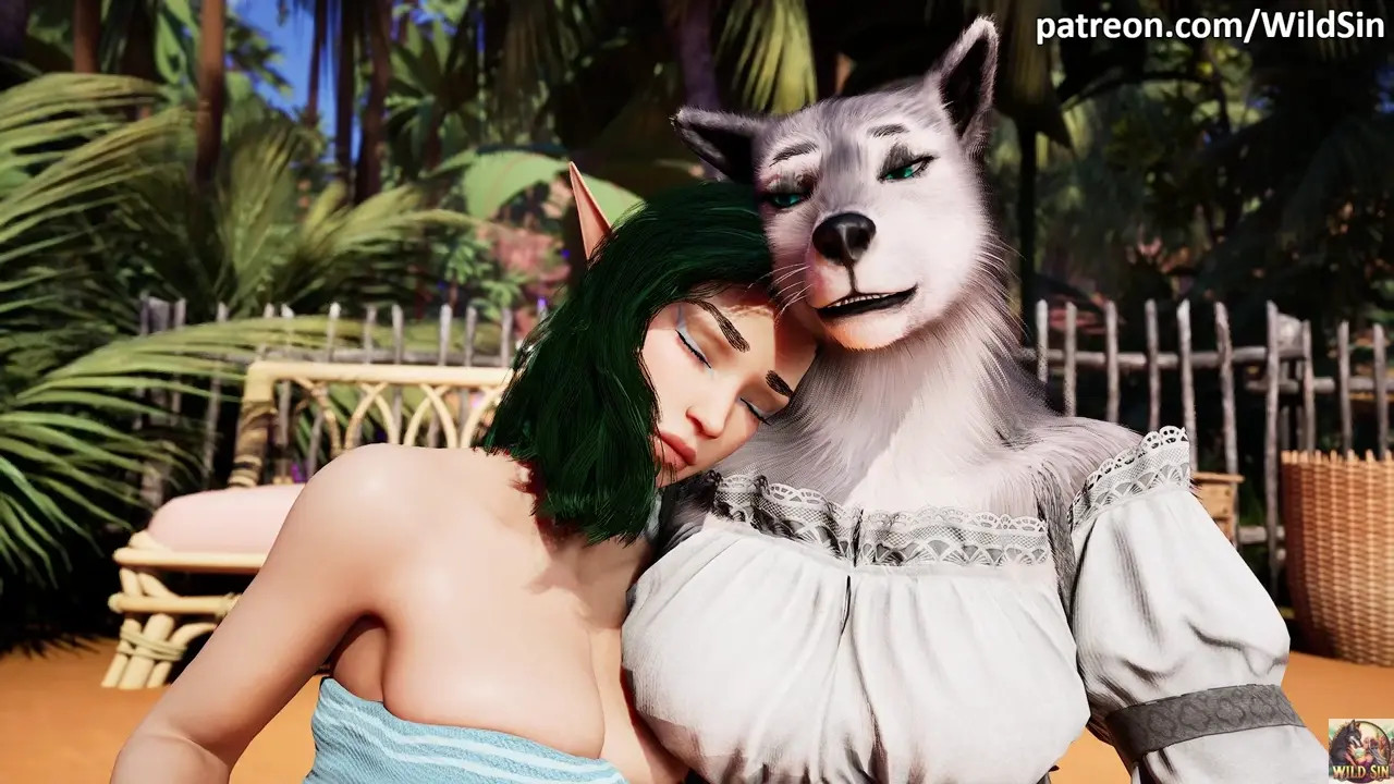 A lesbian Werewolf and an Elf kiss, caress, and cuddle.