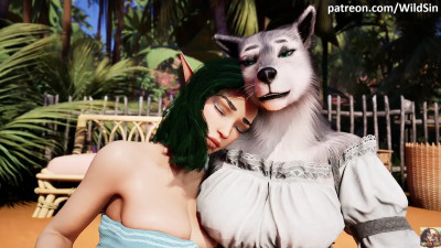 A lesbian Werewolf and an Elf kiss, caress, and cuddle.