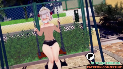 Noelle from Genshin Impact Swings with a Big Pink Dildo in Public Park Hot Orgasm