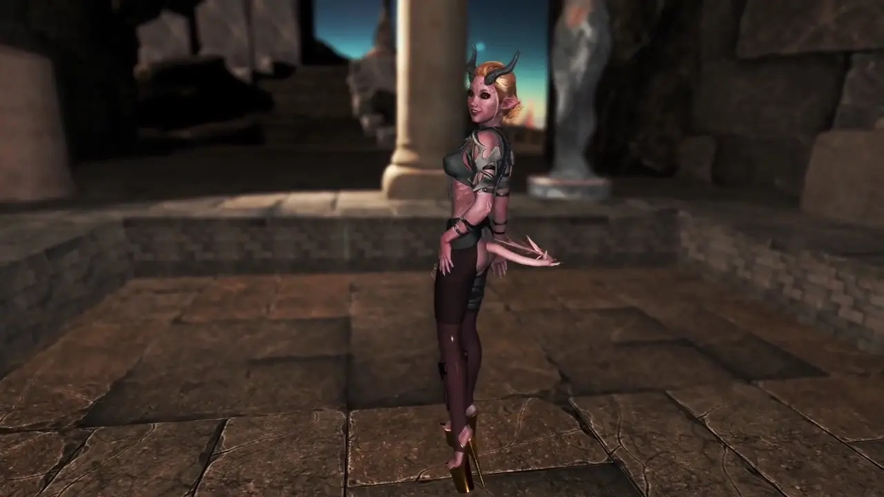 Petite futa tiefling in lustful armor playfully seduces the adventurer