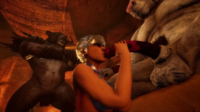 Two minotaurs and a centaur fuck a slave