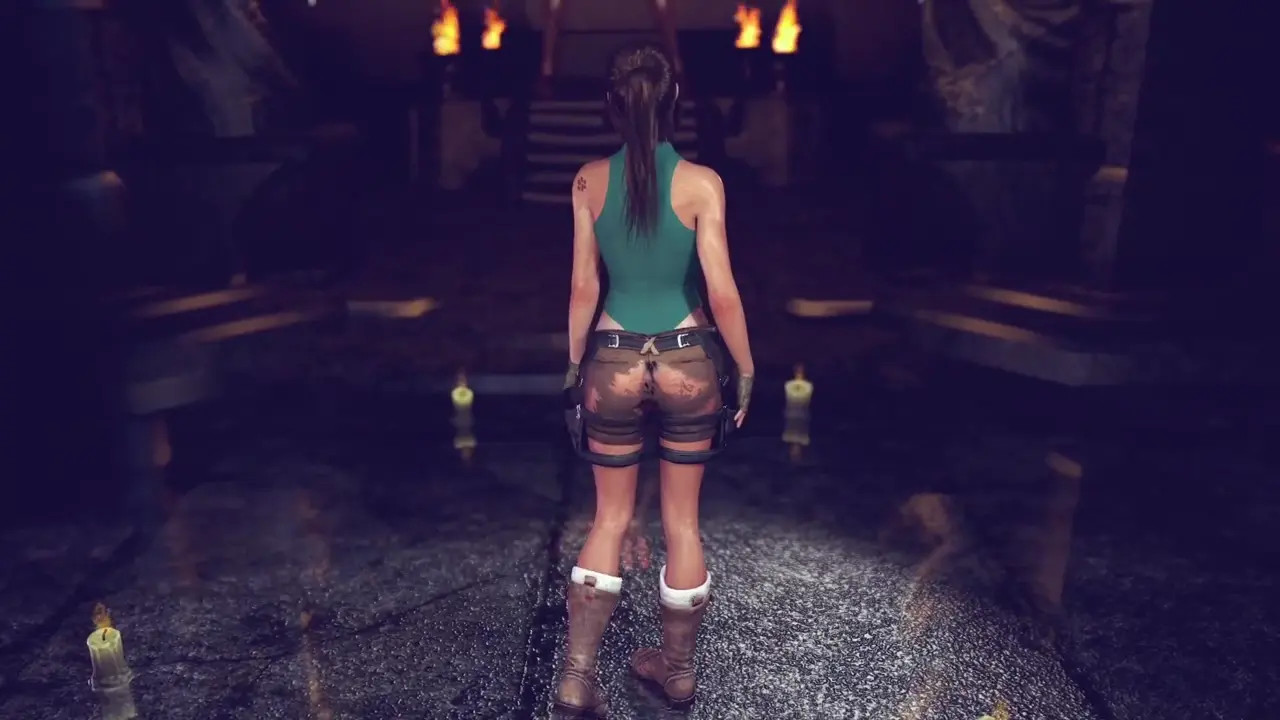 Tanned wanton Lara Croft in torn shorts slow dances in abandoned ruins