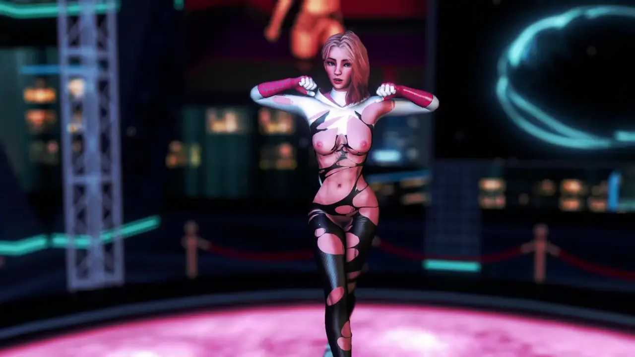 Slim athletic Gwen Stacy dance floorwork in ripped suit to arousal Venom