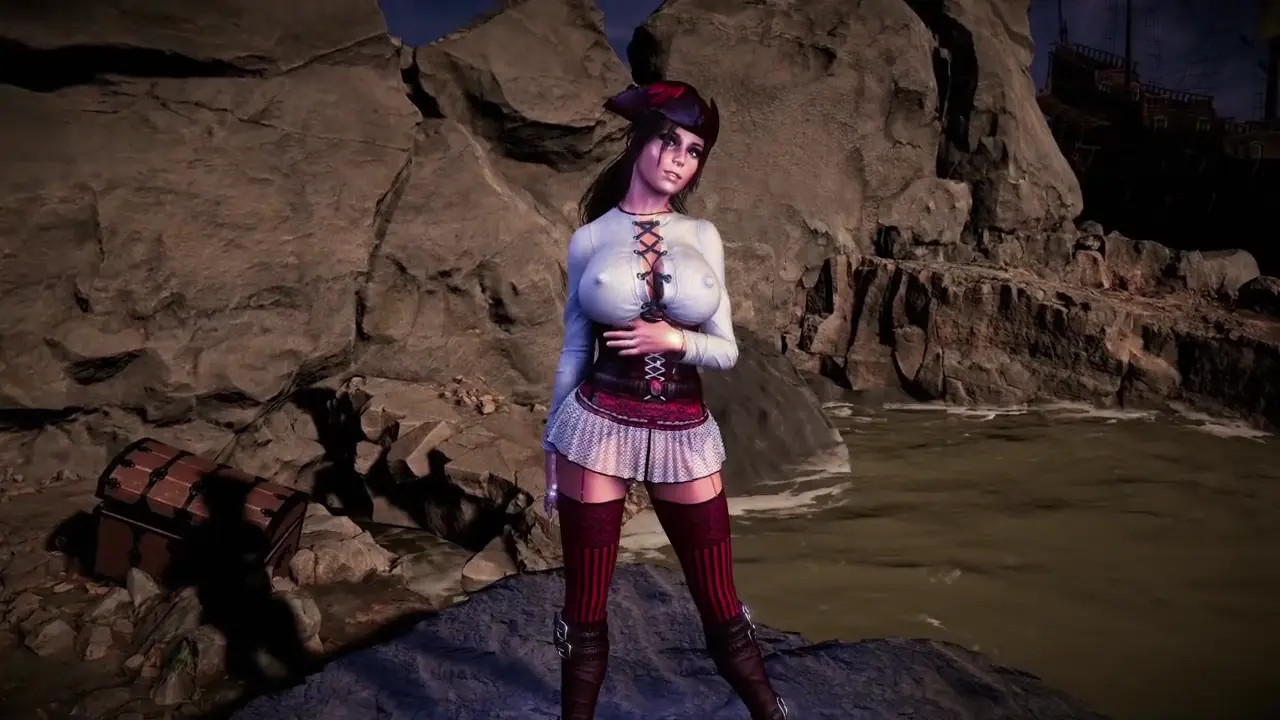 Pirate queen Lara Croft seductively dances on the coast before storm