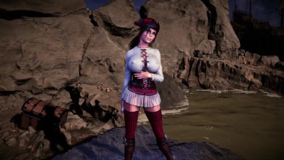 Pirate queen Lara Croft seductively dances on the coast before storm