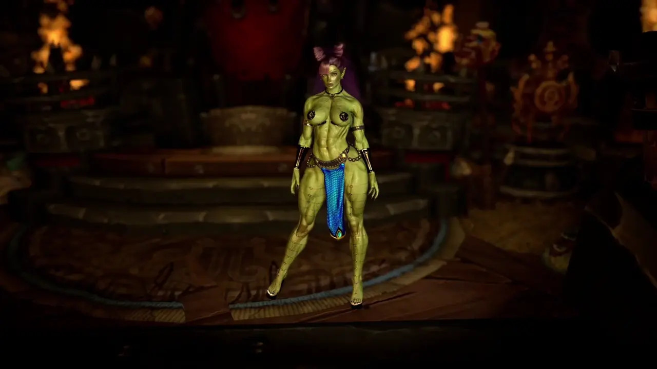 Muscular feral orc queen in bikini armor dancing and flexing her biceps