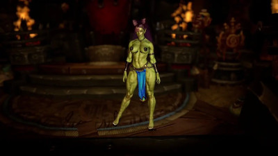 Muscular feral orc queen in bikini armor dancing and flexing her biceps