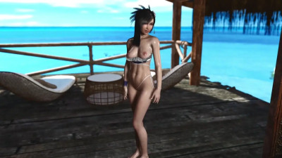 Skinny wet Tifa Lockhart in lowered bikini casually dancing on the beach