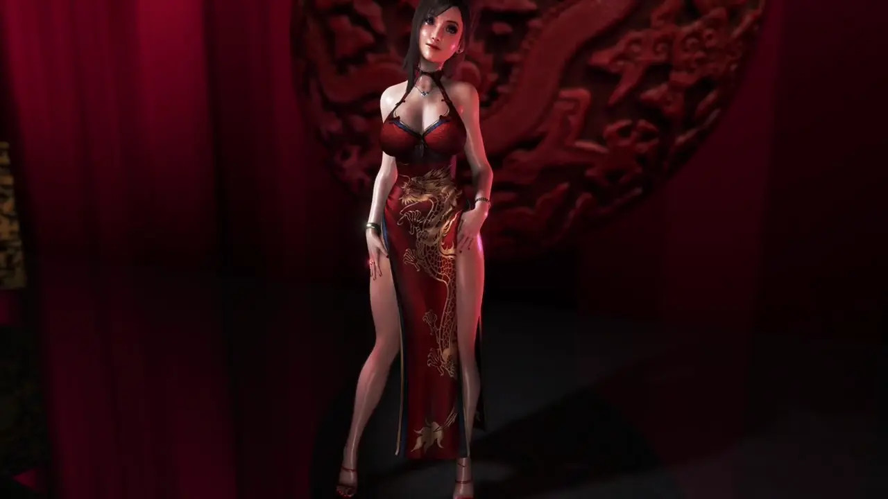 Sexy oiled Tifa Lockhart in revealing red dress shamelessly dancing pantyless