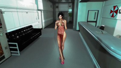 Gorgeous Ada Wong in a transparent dress dances in the Umbrella office