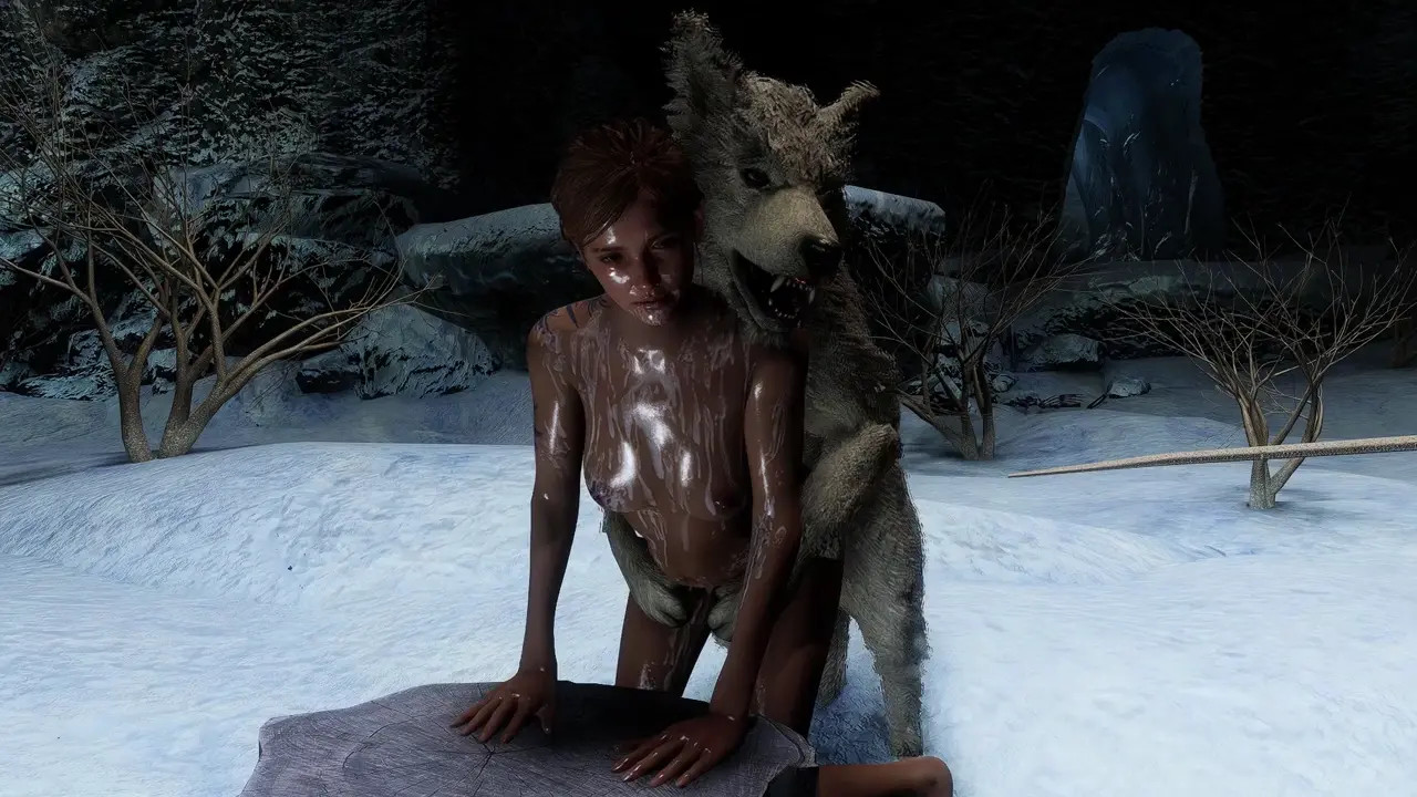 Ice Wolf fucking Ellie on a log stump