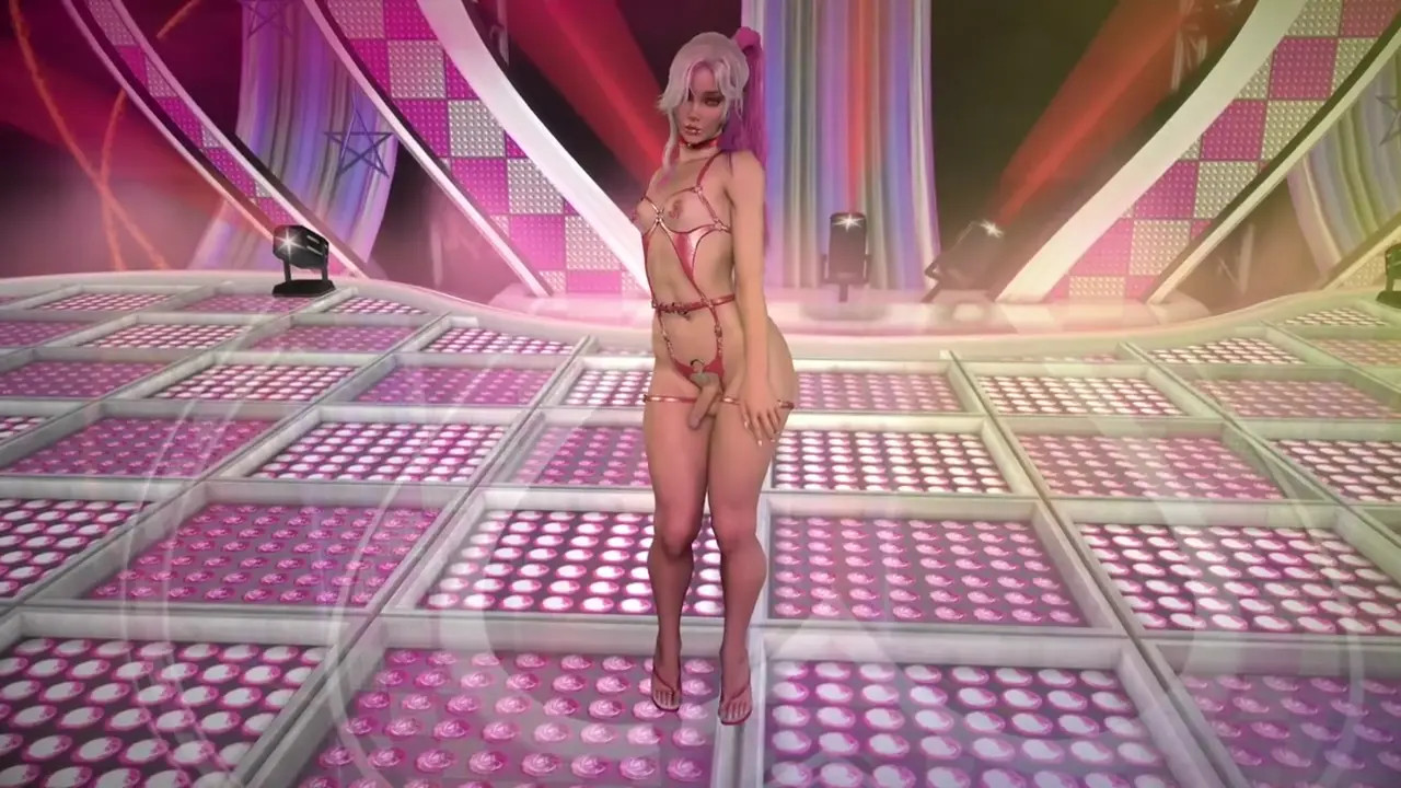 Young skinny futa with small tits teases and poses on dance floor