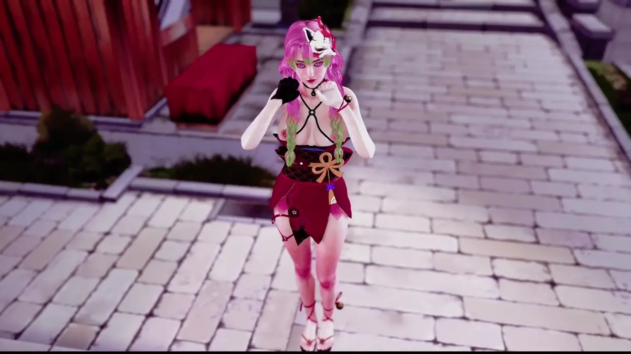 Playful Mitsuri Kanroji dancing and posing in skimpy dress without panties