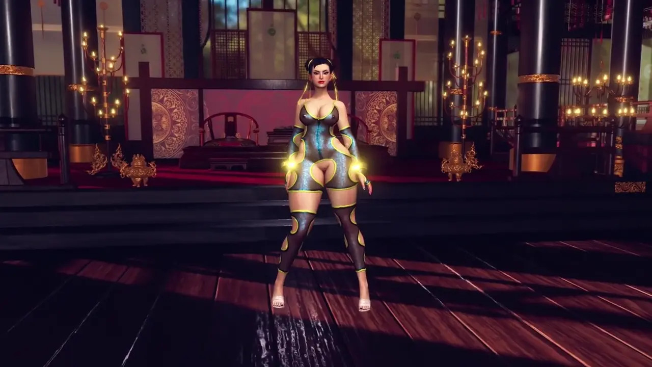 Busty Chun Li in slutty bodysuit solo dancing and posing in сhinese temple
