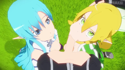 Sword Art Online Leafa & Asuna x Kirito double blowjob