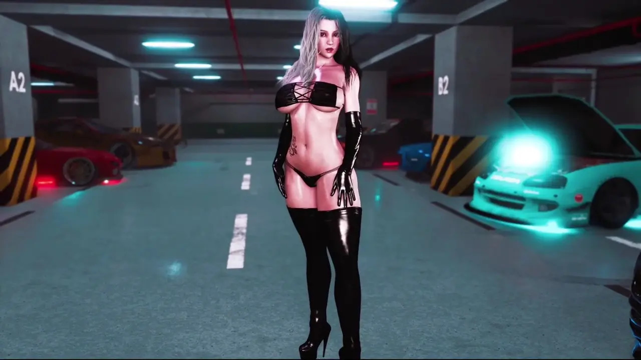Thick busty Rosanna in sexy latex lingerie dancing alone at parking lot