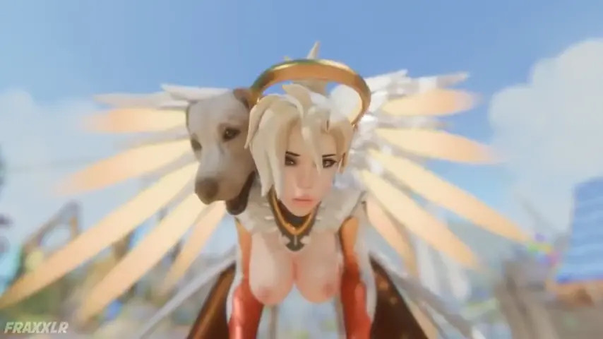 Mercy bends over for her dog