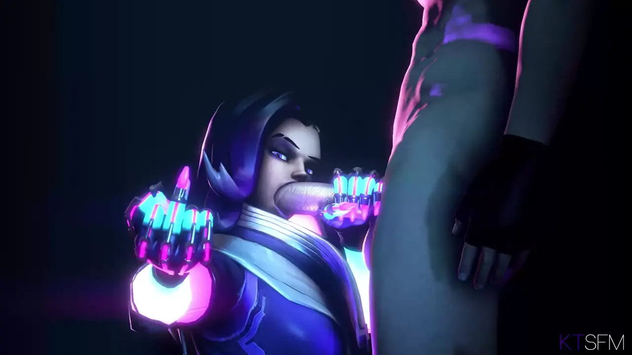 Sombra flipping off while giving a head.