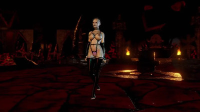Gothic dominant Pinhead female in BDSM costume dancing solo in dungeon