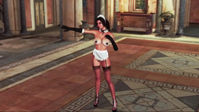 Sultry tonned Lara Croft in maid uniform welcomes guests at country villa