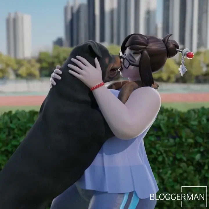 Mei kisses her dog